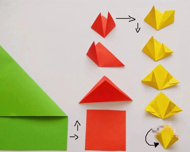 用彩色正方形卡纸折几个花瓣
